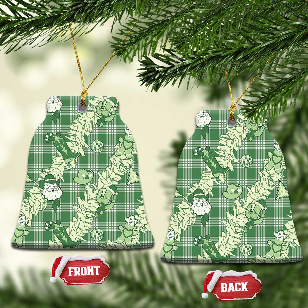 Green Palaka Hawaii Cowboy Christmas Ceramic Ornament Paniolo Mix Maile Lei - Polynesian Pride