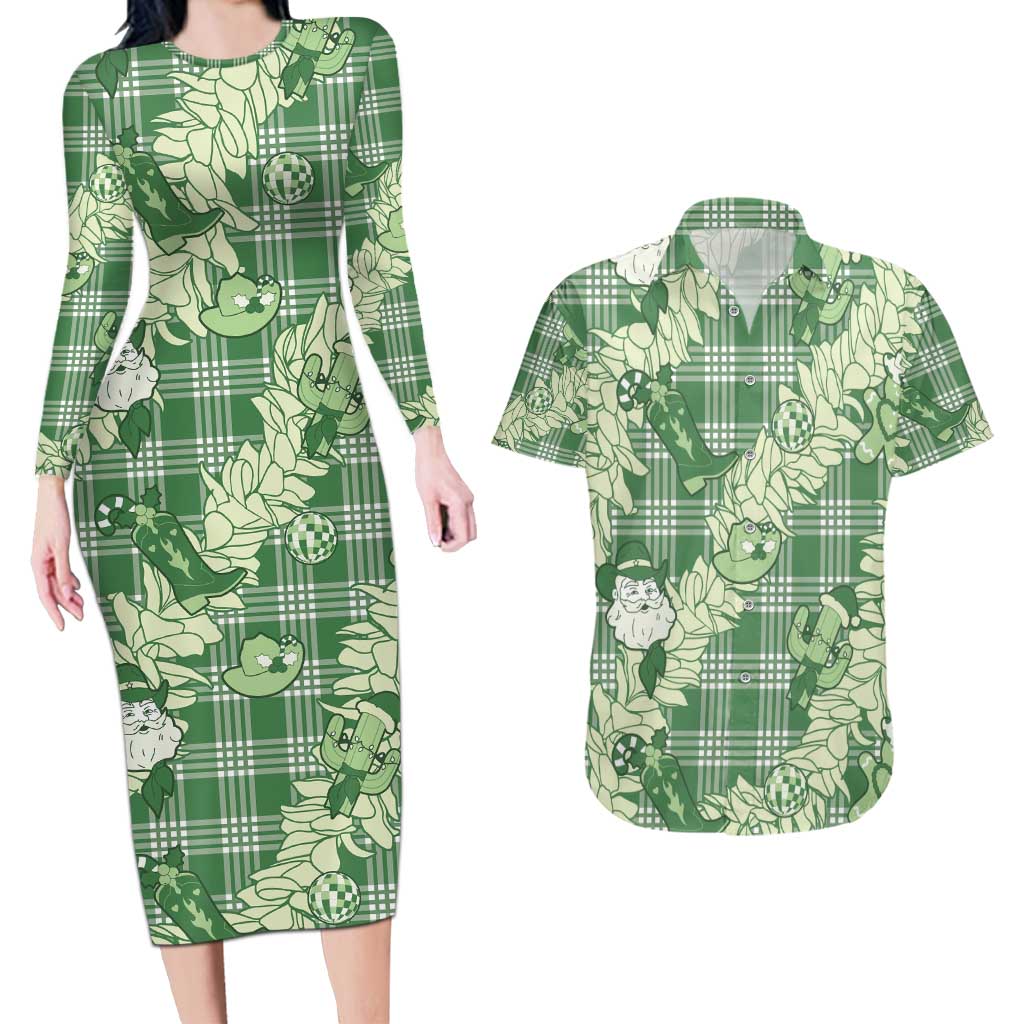 Green Palaka Hawaii Cowboy Christmas Couples Matching Long Sleeve Bodycon Dress and Hawaiian Shirt Paniolo Mix Maile Lei - Polynesian Pride