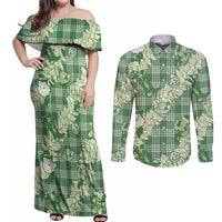 Green Palaka Hawaii Cowboy Christmas Couples Matching Off Shoulder Maxi Dress and Long Sleeve Button Shirt Paniolo Mix Maile Lei - Polynesian Pride