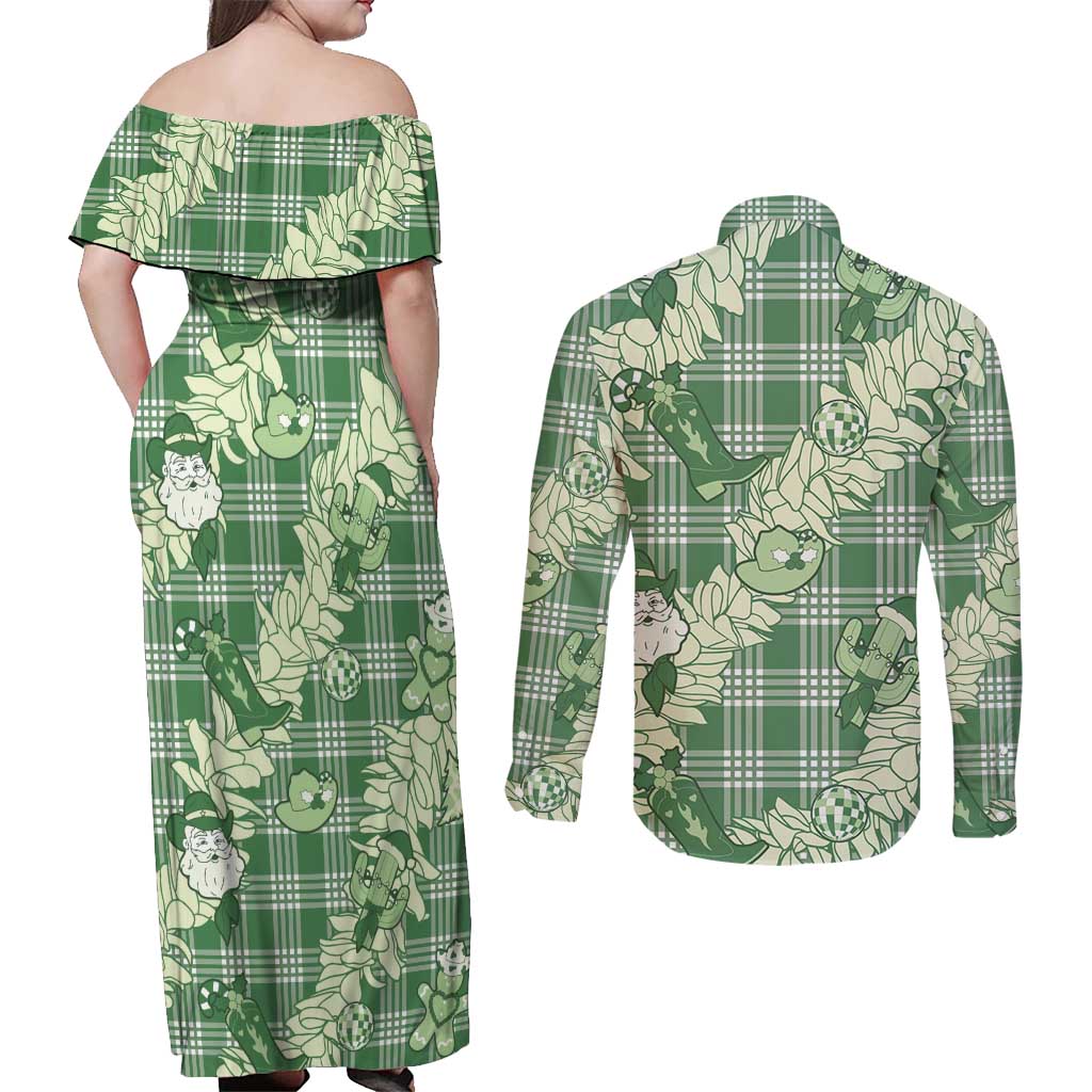 Green Palaka Hawaii Cowboy Christmas Couples Matching Off Shoulder Maxi Dress and Long Sleeve Button Shirt Paniolo Mix Maile Lei - Polynesian Pride