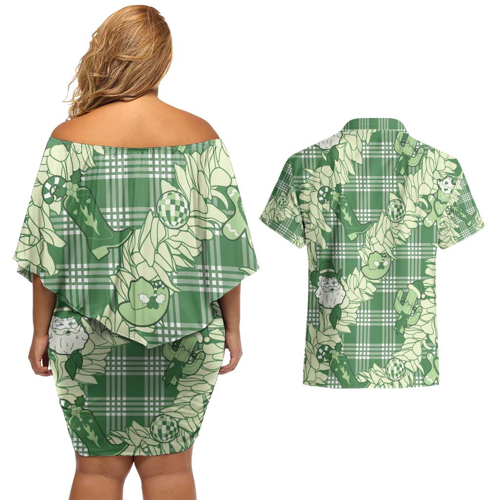 Green Palaka Hawaii Cowboy Christmas Couples Matching Off Shoulder Short Dress and Hawaiian Shirt Paniolo Mix Maile Lei - Polynesian Pride