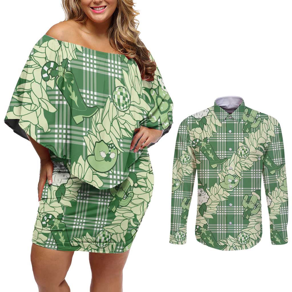 Green Palaka Hawaii Cowboy Christmas Couples Matching Off Shoulder Short Dress and Long Sleeve Button Shirt Paniolo Mix Maile Lei - Polynesian Pride