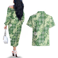 Green Palaka Hawaii Cowboy Christmas Couples Matching Off The Shoulder Long Sleeve Dress and Hawaiian Shirt Paniolo Mix Maile Lei - Polynesian Pride