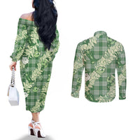 Green Palaka Hawaii Cowboy Christmas Couples Matching Off The Shoulder Long Sleeve Dress and Long Sleeve Button Shirt Paniolo Mix Maile Lei - Polynesian Pride