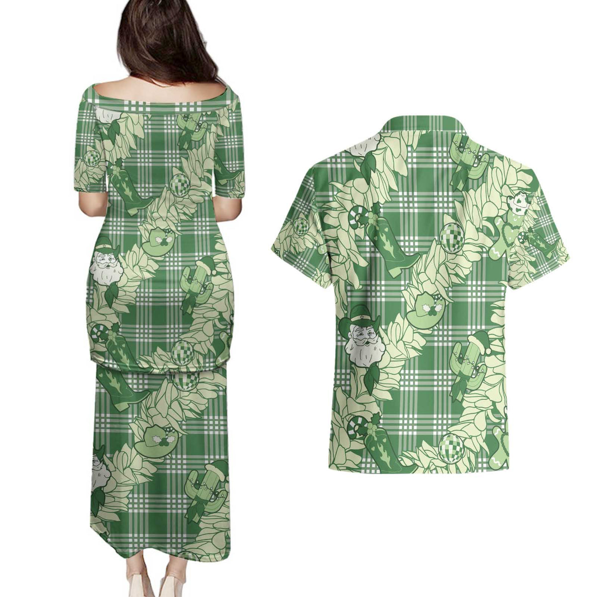 Green Palaka Hawaii Cowboy Christmas Couples Matching Puletasi and Hawaiian Shirt Paniolo Mix Maile Lei - Polynesian Pride