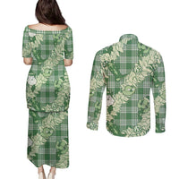 Green Palaka Hawaii Cowboy Christmas Couples Matching Puletasi and Long Sleeve Button Shirt Paniolo Mix Maile Lei - Polynesian Pride