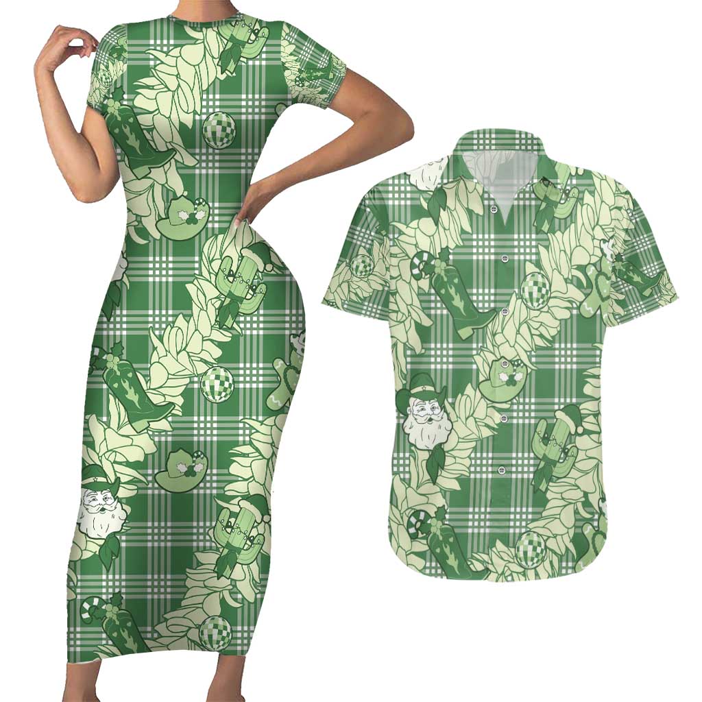 Green Palaka Hawaii Cowboy Christmas Couples Matching Short Sleeve Bodycon Dress and Hawaiian Shirt Paniolo Mix Maile Lei - Polynesian Pride