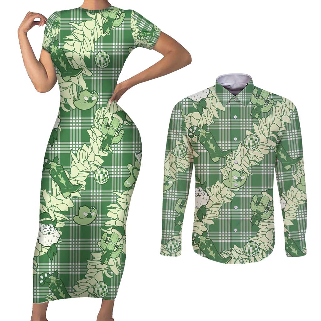 Green Palaka Hawaii Cowboy Christmas Couples Matching Short Sleeve Bodycon Dress and Long Sleeve Button Shirt Paniolo Mix Maile Lei - Polynesian Pride