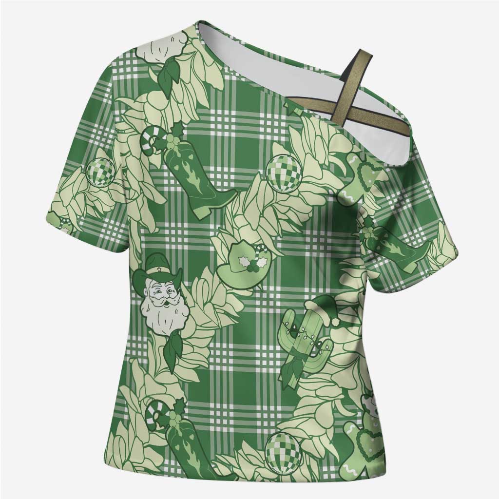Green Palaka Hawaii Cowboy Christmas Cross Shoulder Shirt Paniolo Mix Maile Lei - Polynesian Pride