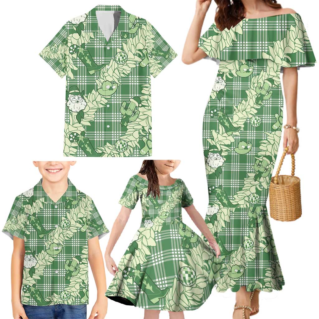 Green Palaka Hawaii Cowboy Christmas Family Matching Mermaid Dress and Hawaiian Shirt Paniolo Mix Maile Lei - Polynesian Pride