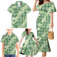 Green Palaka Hawaii Cowboy Christmas Family Matching Mermaid Dress and Hawaiian Shirt Paniolo Mix Maile Lei - Polynesian Pride