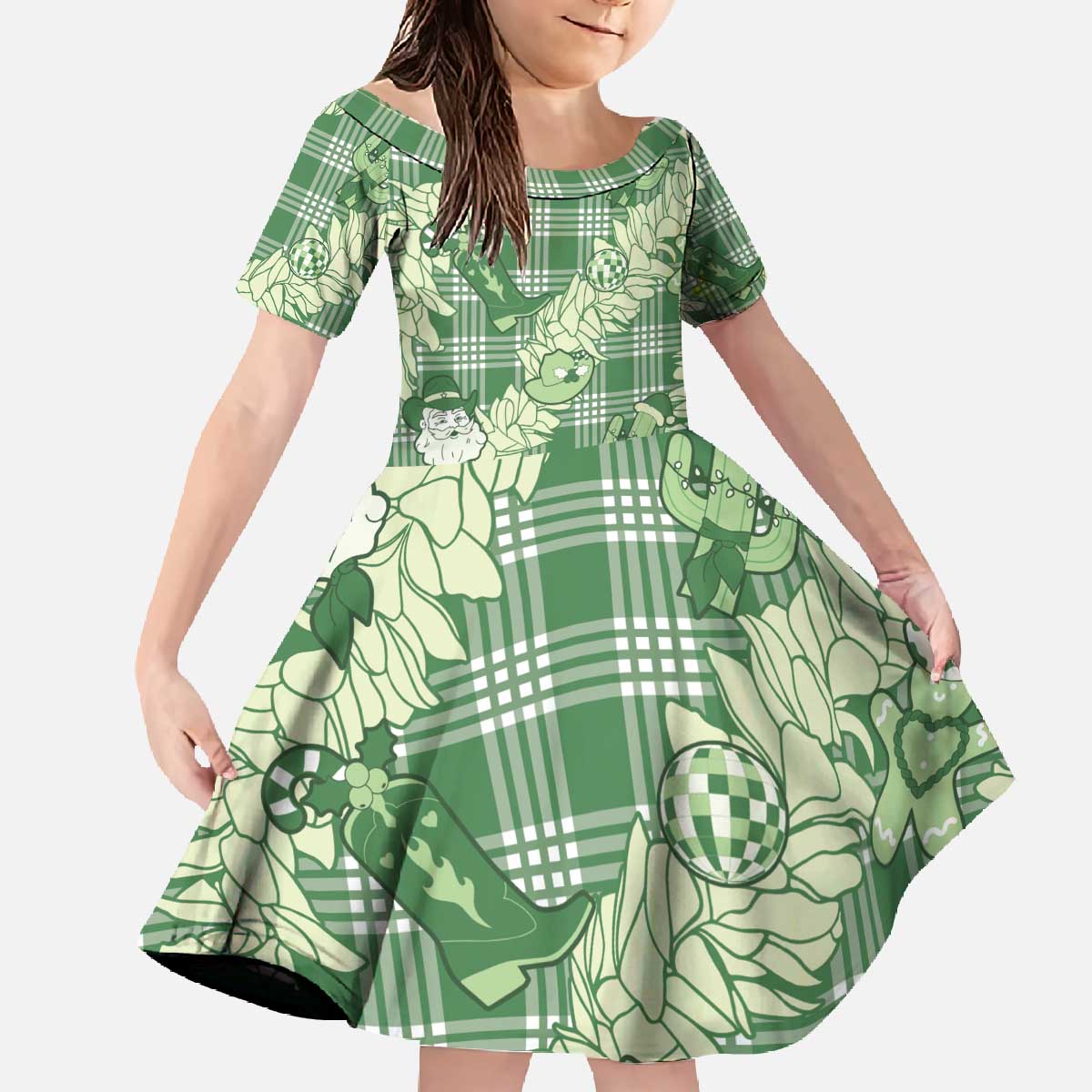 Green Palaka Hawaii Cowboy Christmas Family Matching Off The Shoulder Long Sleeve Dress and Hawaiian Shirt Paniolo Mix Maile Lei - Polynesian Pride