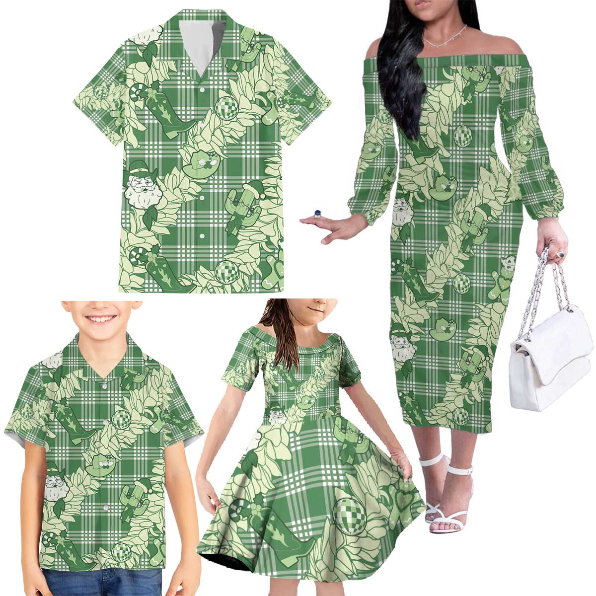 Green Palaka Hawaii Cowboy Christmas Family Matching Off The Shoulder Long Sleeve Dress and Hawaiian Shirt Paniolo Mix Maile Lei - Polynesian Pride