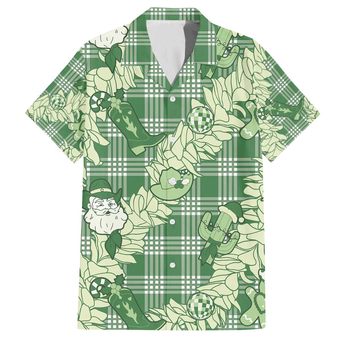 Green Palaka Hawaii Cowboy Christmas Family Matching Off The Shoulder Long Sleeve Dress and Hawaiian Shirt Paniolo Mix Maile Lei - Polynesian Pride