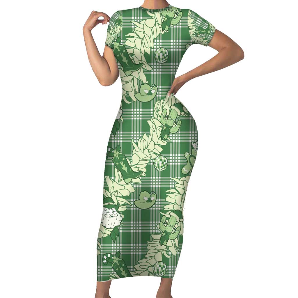 Green Palaka Hawaii Cowboy Christmas Family Matching Short Sleeve Bodycon Dress and Hawaiian Shirt Paniolo Mix Maile Lei - Polynesian Pride