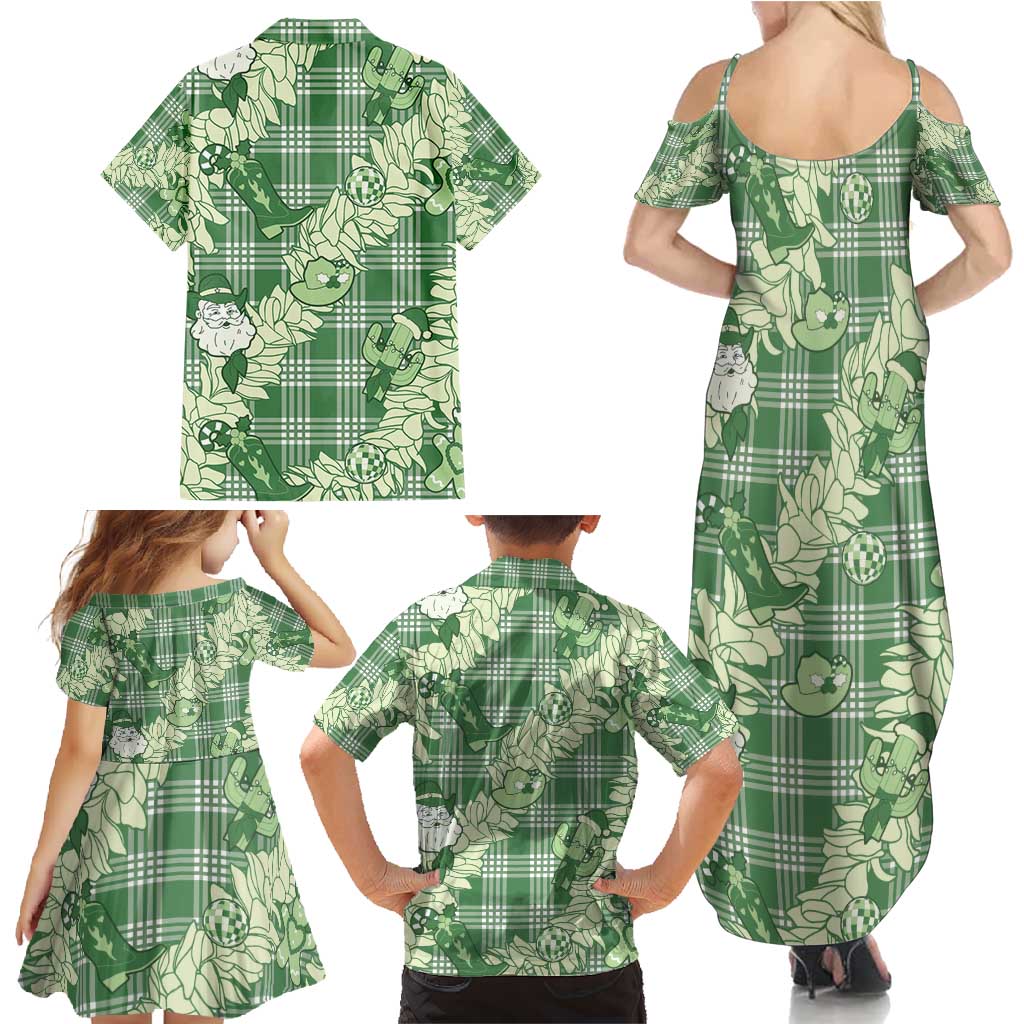 Green Palaka Hawaii Cowboy Christmas Family Matching Summer Maxi Dress and Hawaiian Shirt Paniolo Mix Maile Lei - Polynesian Pride