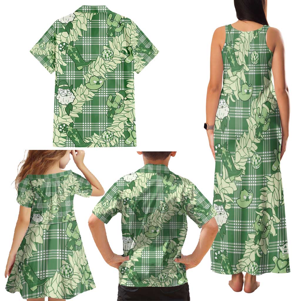 Green Palaka Hawaii Cowboy Christmas Family Matching Tank Maxi Dress and Hawaiian Shirt Paniolo Mix Maile Lei - Polynesian Pride