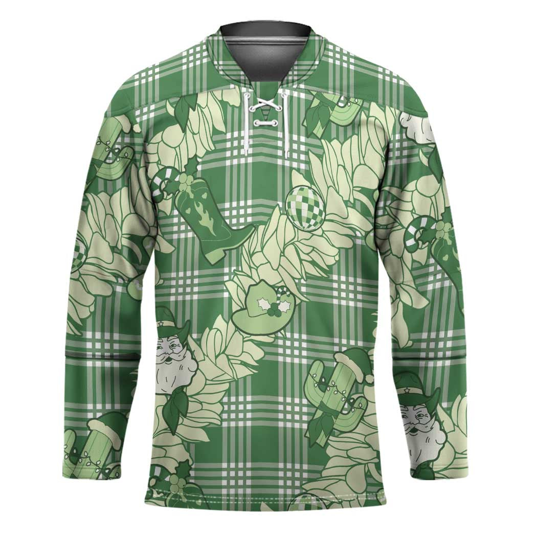 Green Palaka Hawaii Cowboy Christmas Hockey Jersey Paniolo Mix Maile Lei - Polynesian Pride