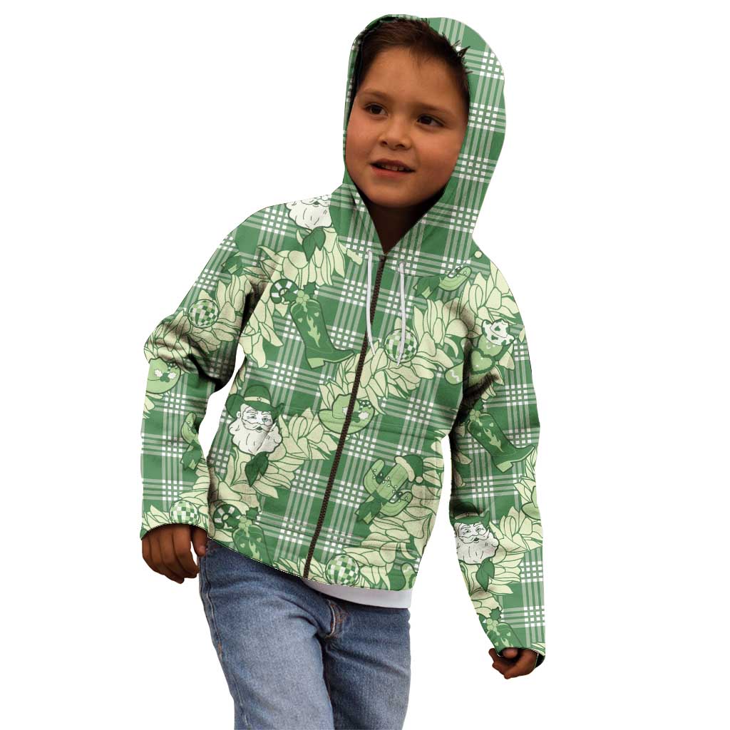 Green Palaka Hawaii Cowboy Christmas Kid Hoodie Paniolo Mix Maile Lei - Polynesian Pride