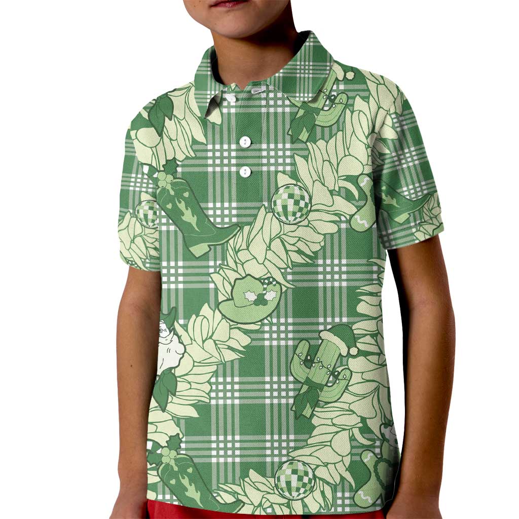 Green Palaka Hawaii Cowboy Christmas Kid Polo Shirt Paniolo Mix Maile Lei - Polynesian Pride