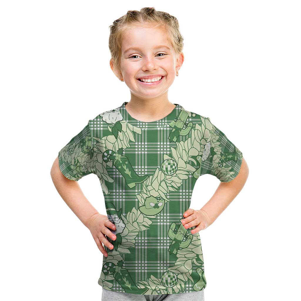 Green Palaka Hawaii Cowboy Christmas Kid T Shirt Paniolo Mix Maile Lei - Polynesian Pride