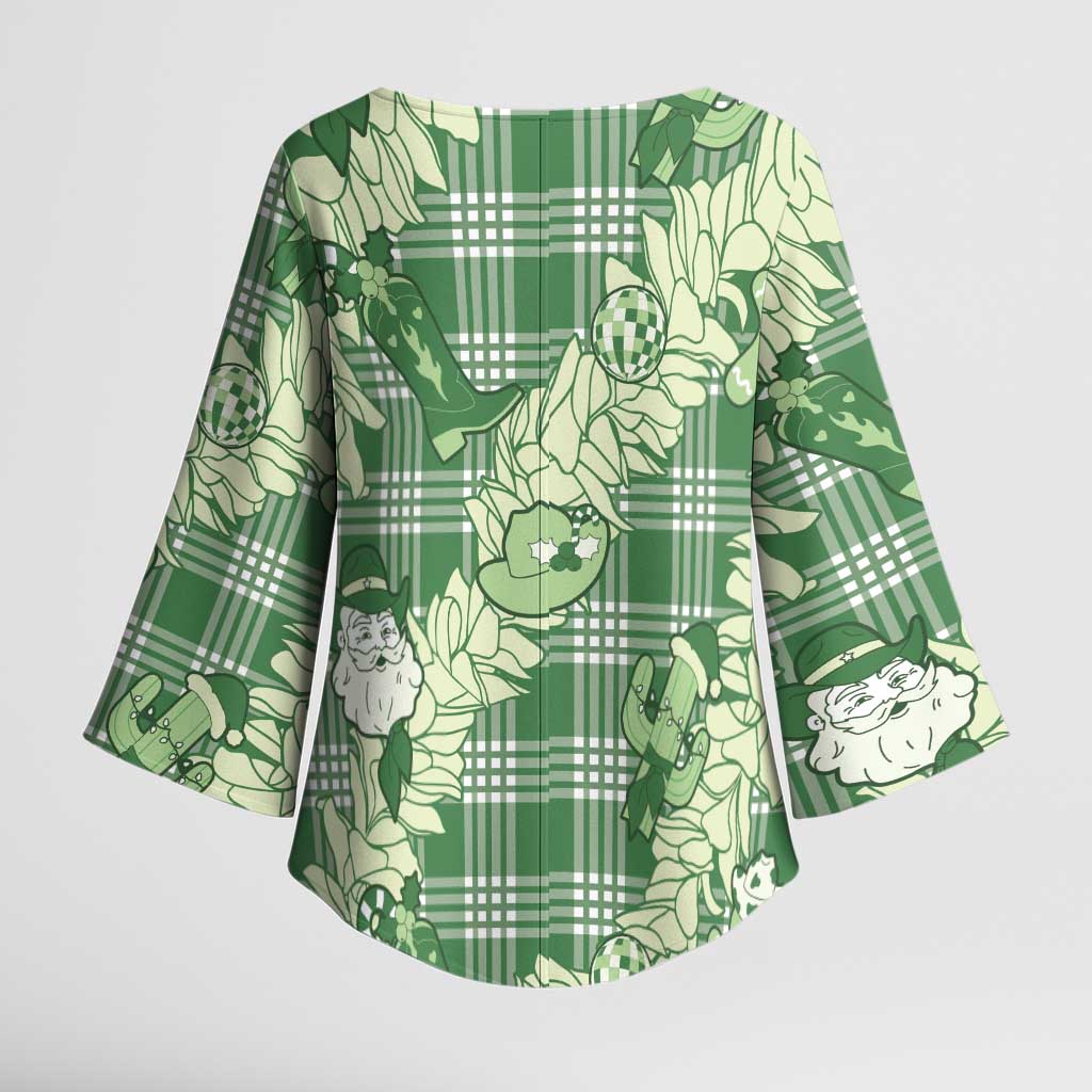 Green Palaka Hawaii Cowboy Christmas Kimono Sleeve Blouse Paniolo Mix Maile Lei - Polynesian Pride