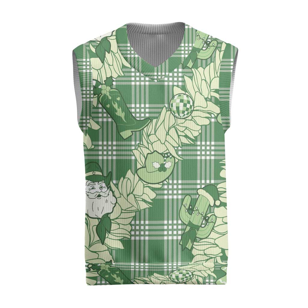 Green Palaka Hawaii Cowboy Christmas Knitted V-Neck Vest Paniolo Mix Maile Lei - Polynesian Pride