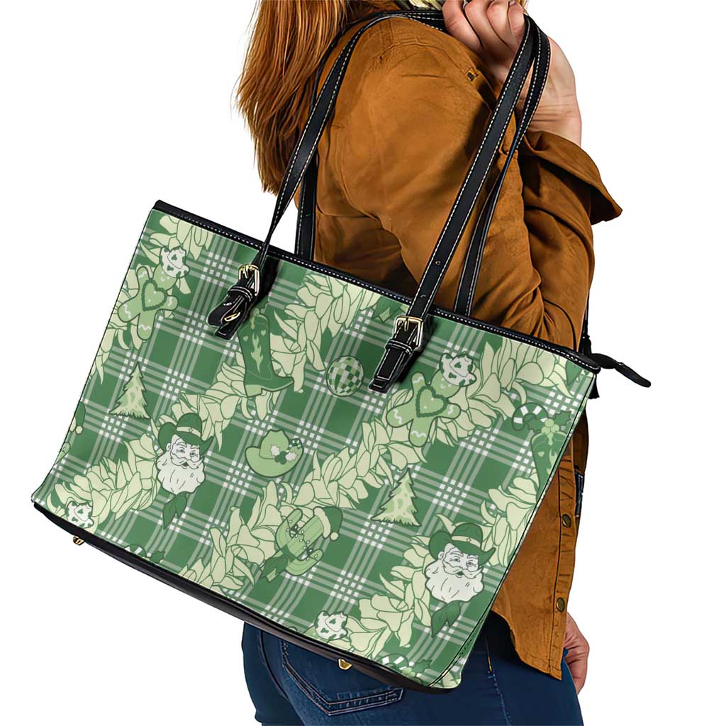 Green Palaka Hawaii Cowboy Christmas Leather Tote Bag Paniolo Mix Maile Lei - Polynesian Pride