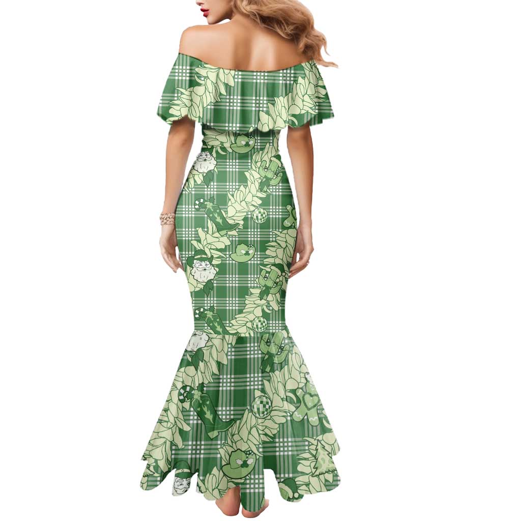 Green Palaka Hawaii Cowboy Christmas Mermaid Dress Paniolo Mix Maile Lei - Polynesian Pride