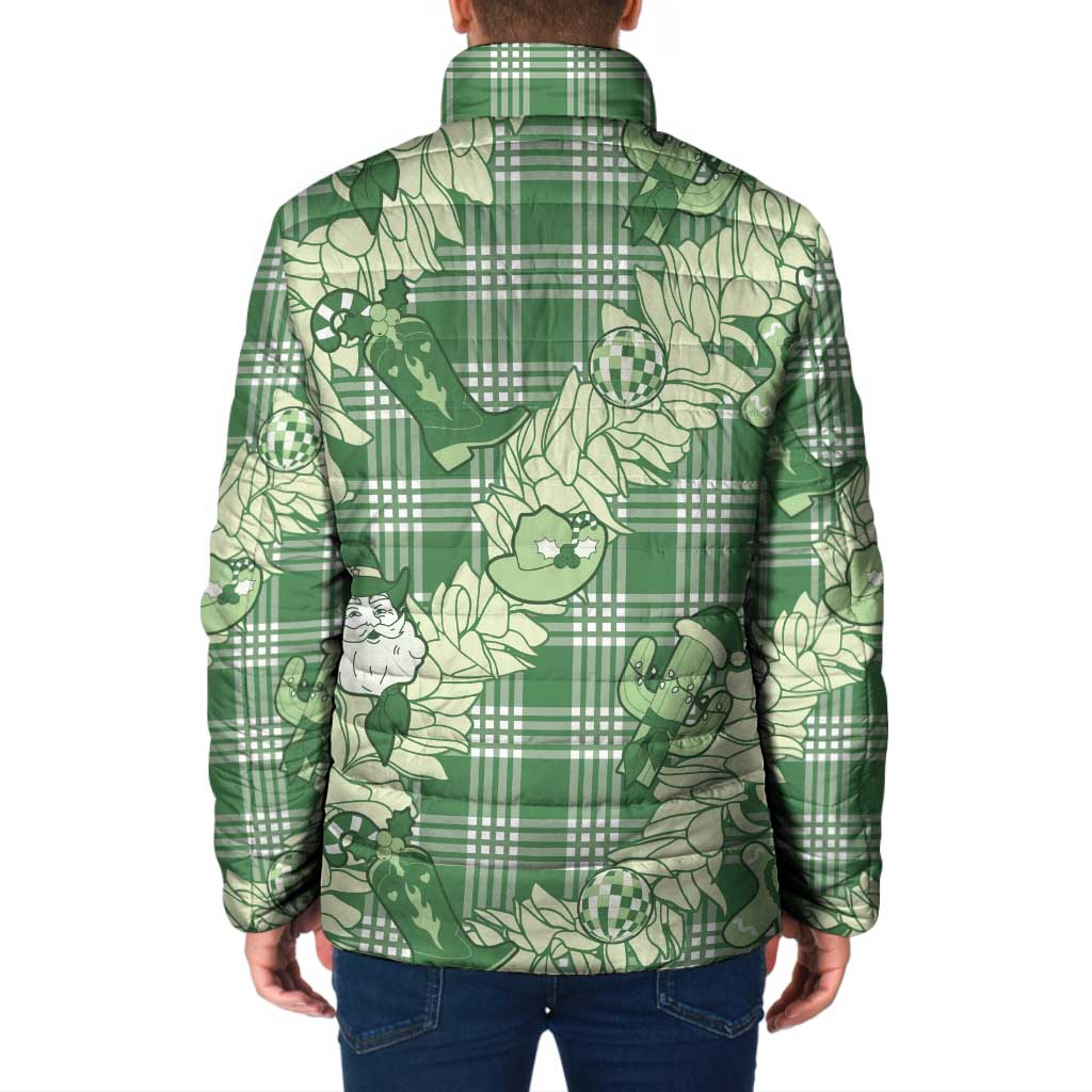 Green Palaka Hawaii Cowboy Christmas Padded Jacket Paniolo Mix Maile Lei - Polynesian Pride