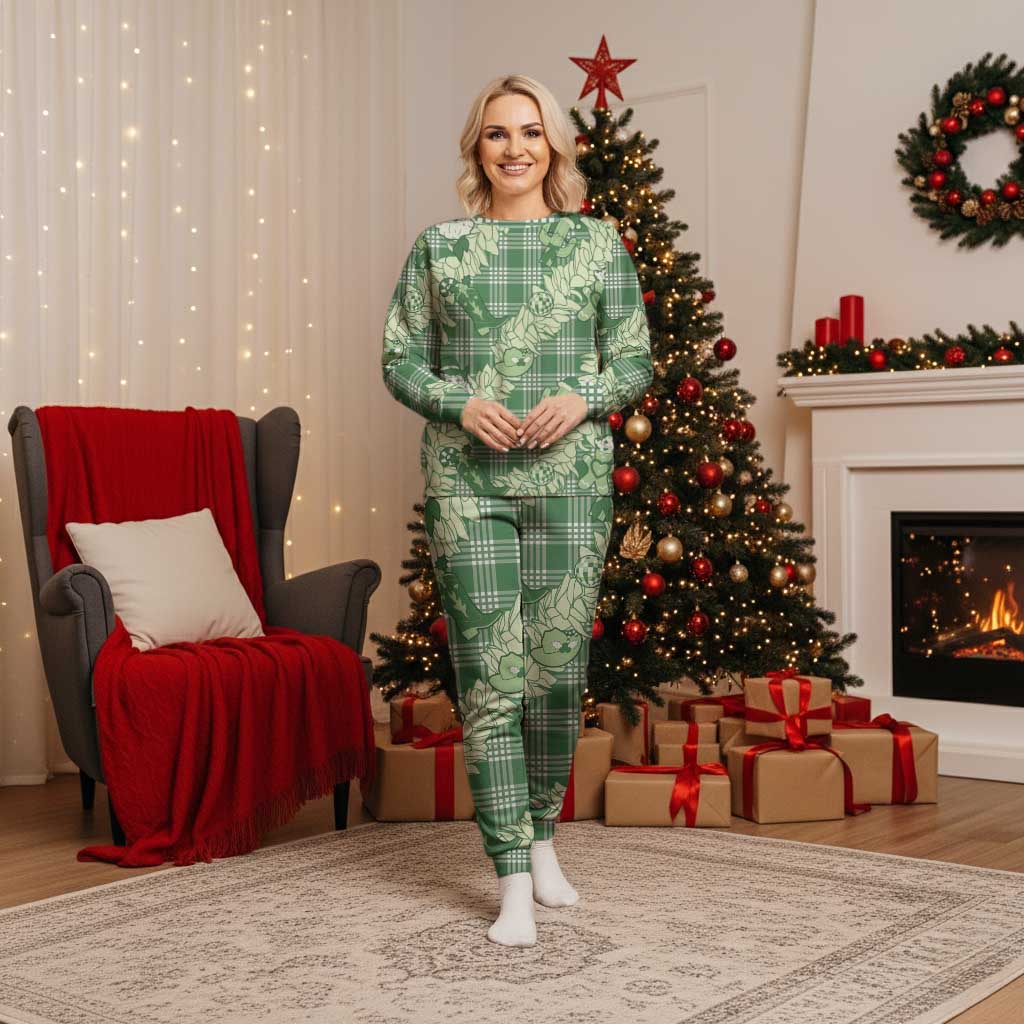 Green Palaka Hawaii Cowboy Christmas Pajama Set Paniolo Mix Maile Lei - Polynesian Pride