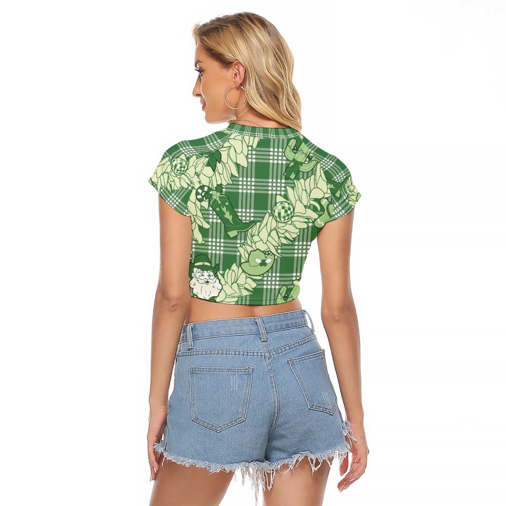Green Palaka Hawaii Cowboy Christmas Raglan Cropped T Shirt Paniolo Mix Maile Lei - Polynesian Pride