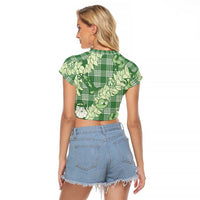 Green Palaka Hawaii Cowboy Christmas Raglan Cropped T Shirt Paniolo Mix Maile Lei - Polynesian Pride