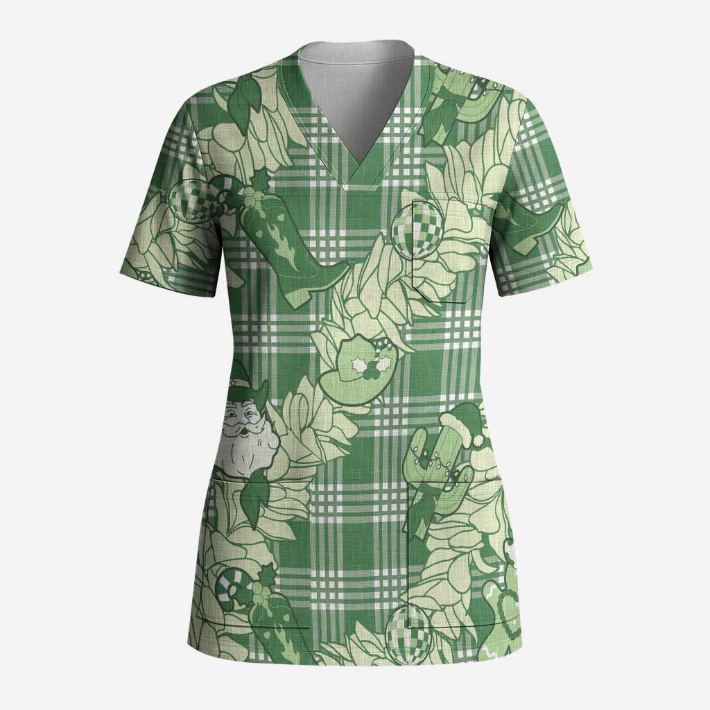 Green Palaka Hawaii Cowboy Christmas Scrub Top Paniolo Mix Maile Lei - Polynesian Pride