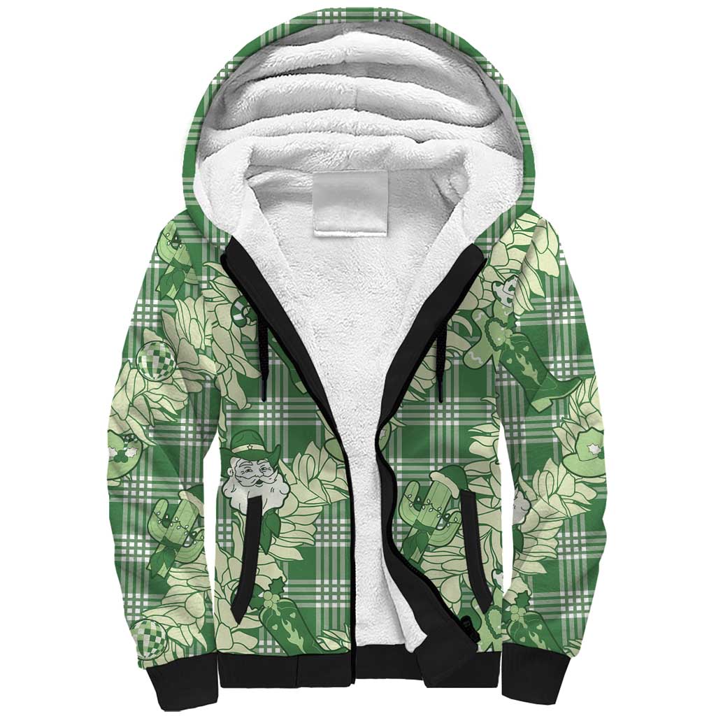 Green Palaka Hawaii Cowboy Christmas Sherpa Hoodie Paniolo Mix Maile Lei - Polynesian Pride