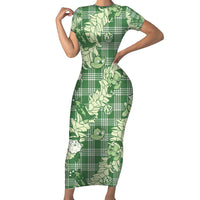 Green Palaka Hawaii Cowboy Christmas Short Sleeve Bodycon Dress Paniolo Mix Maile Lei - Polynesian Pride