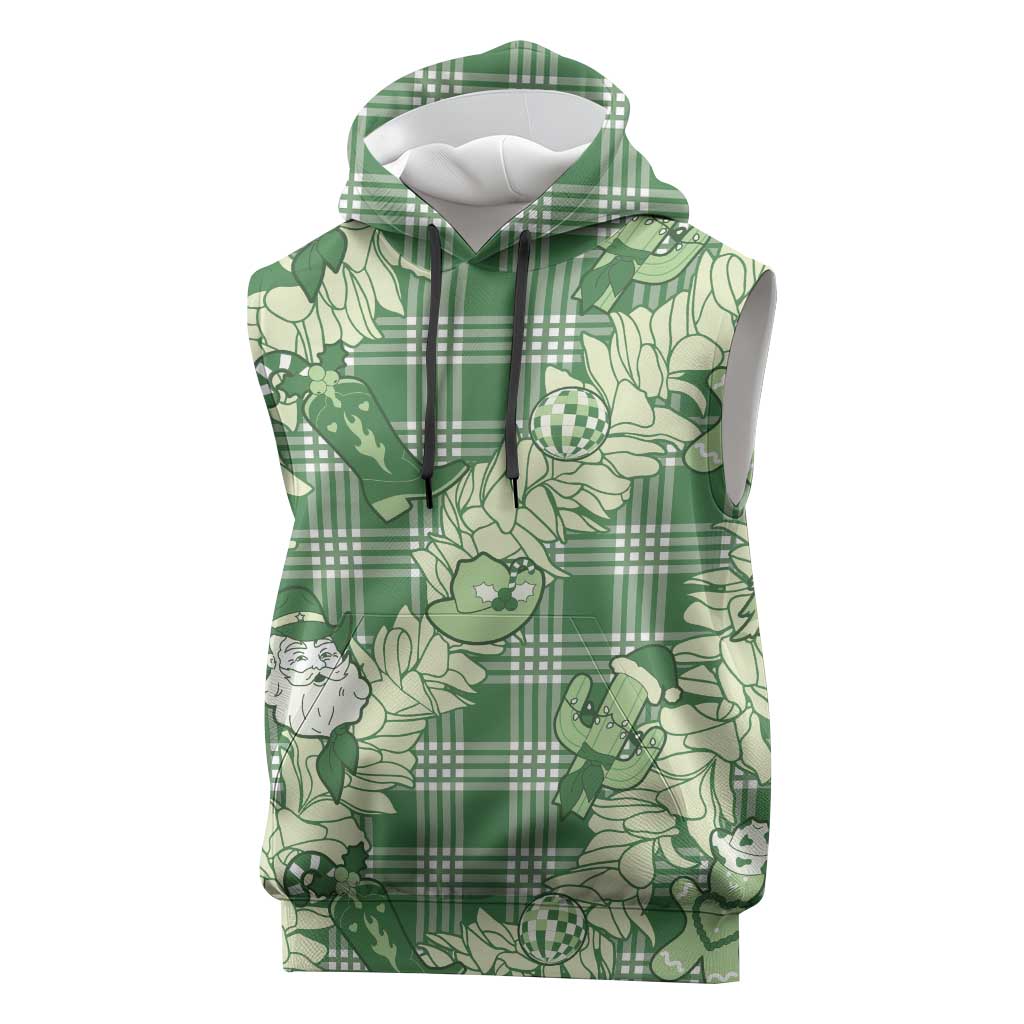 Green Palaka Hawaii Cowboy Christmas Sleeveless Hoodie Paniolo Mix Maile Lei - Polynesian Pride
