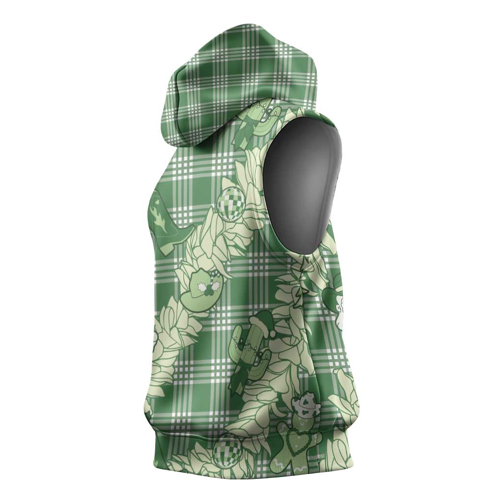 Green Palaka Hawaii Cowboy Christmas Sleeveless Hoodie Paniolo Mix Maile Lei - Polynesian Pride