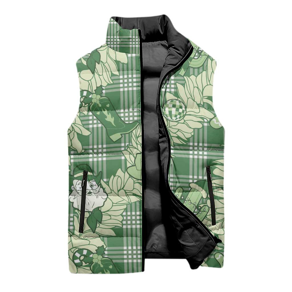 Green Palaka Hawaii Cowboy Christmas Sleeveless Puffer Jacket Paniolo Mix Maile Lei - Polynesian Pride