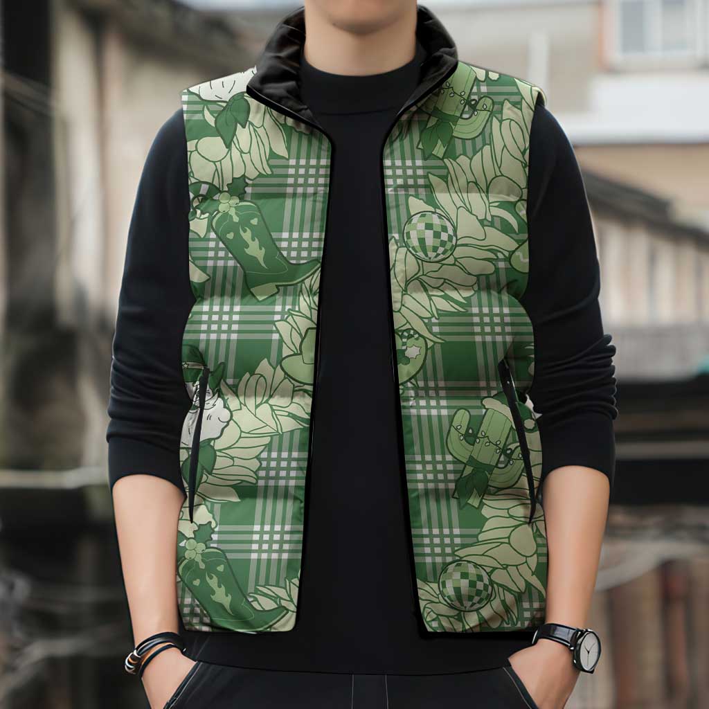 Green Palaka Hawaii Cowboy Christmas Sleeveless Puffer Jacket Paniolo Mix Maile Lei - Polynesian Pride