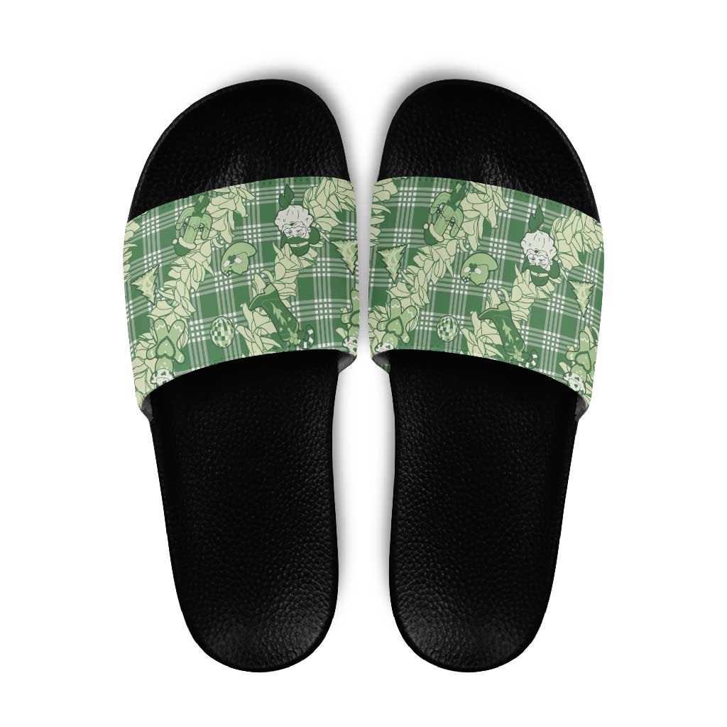 Green Palaka Hawaii Cowboy Christmas Slide Sandals Paniolo Mix Maile Lei - Polynesian Pride