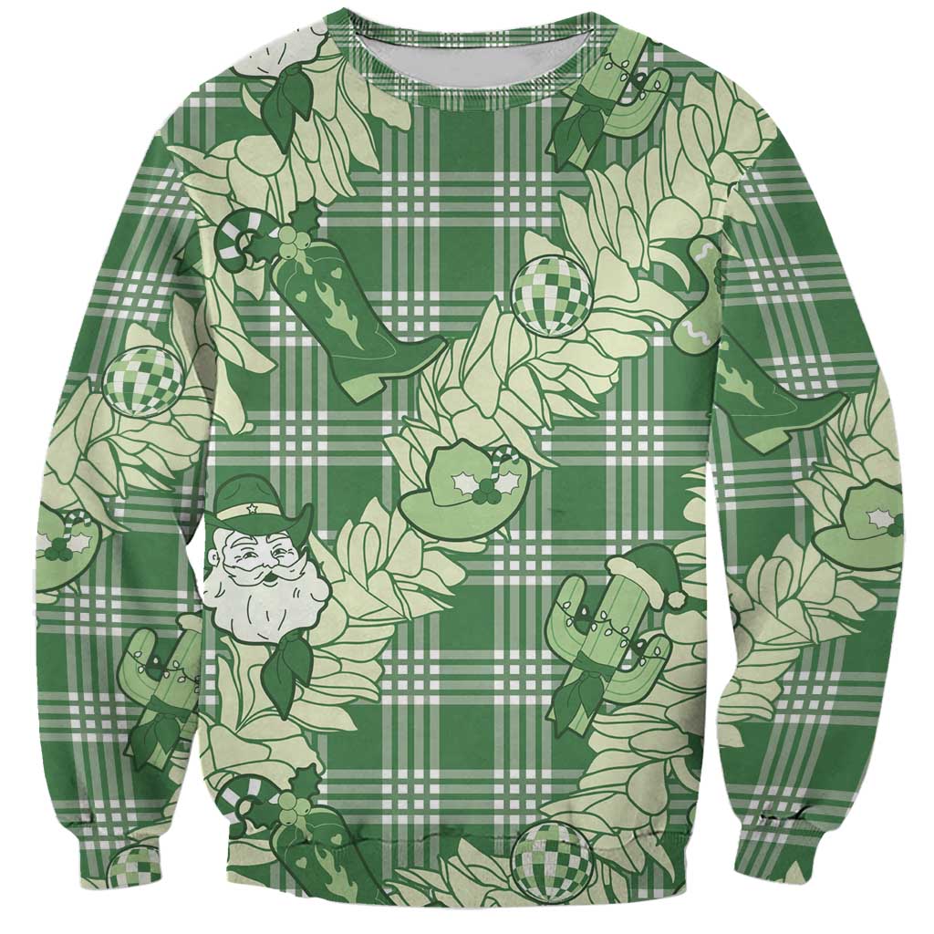 Green Palaka Hawaii Cowboy Christmas Sweatshirt Paniolo Mix Maile Lei - Polynesian Pride