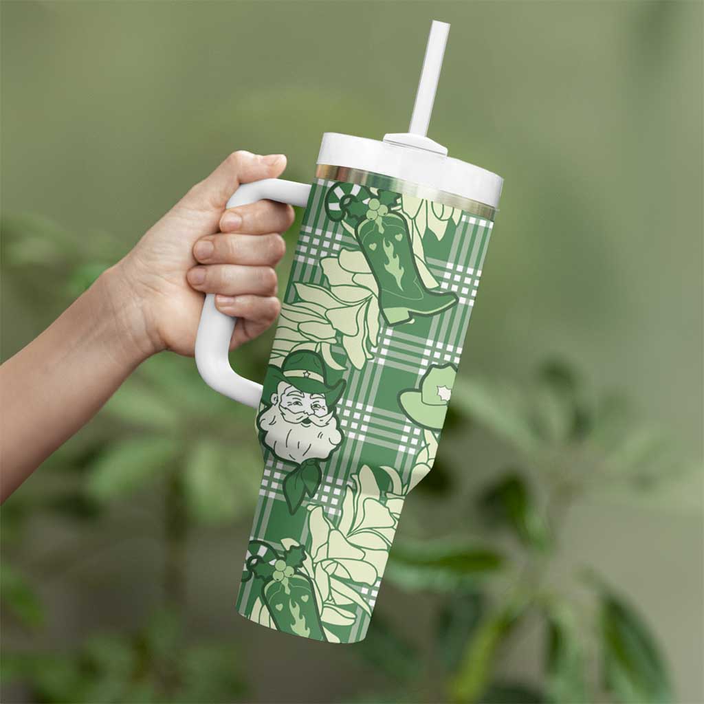 Green Palaka Hawaii Cowboy Christmas Tumbler With Handle Paniolo Mix Maile Lei - Polynesian Pride