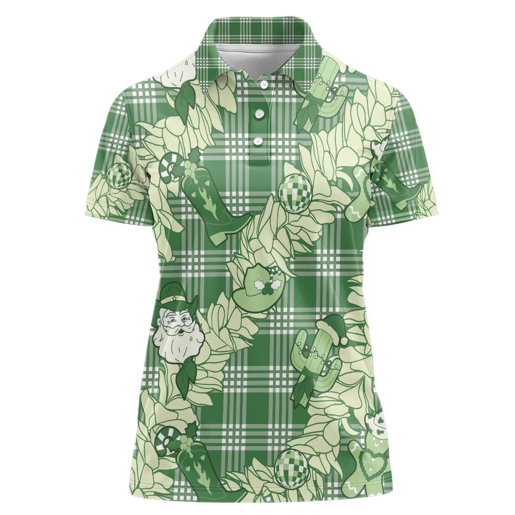 Green Palaka Hawaii Cowboy Christmas Women Polo Shirt Paniolo Mix Maile Lei - Polynesian Pride