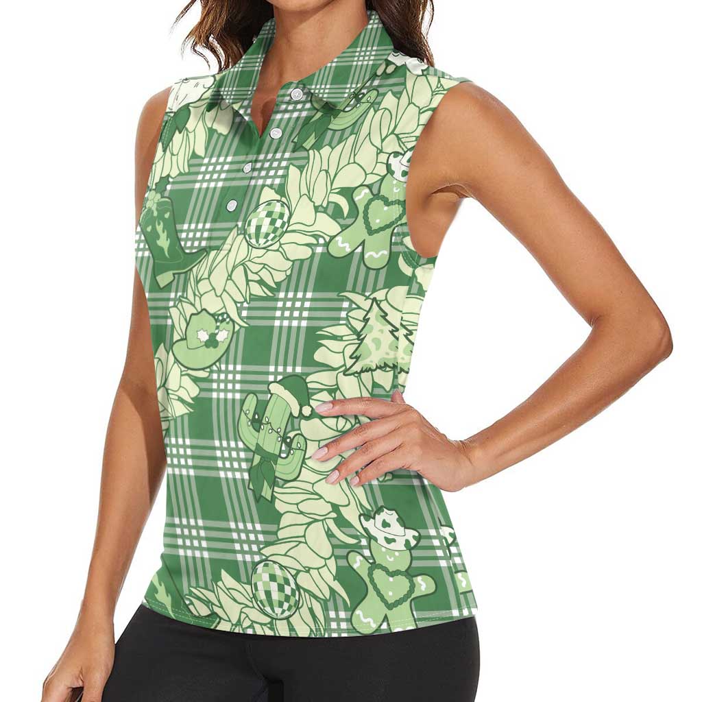Green Palaka Hawaii Cowboy Christmas Women Sleeveless Polo Shirt Paniolo Mix Maile Lei - Polynesian Pride