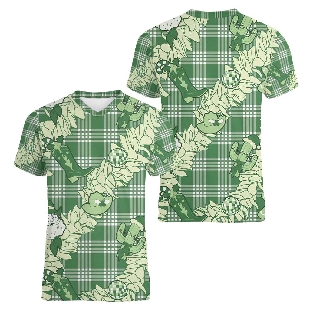 Green Palaka Hawaii Cowboy Christmas Women V-Neck T-Shirt Paniolo Mix Maile Lei - Polynesian Pride