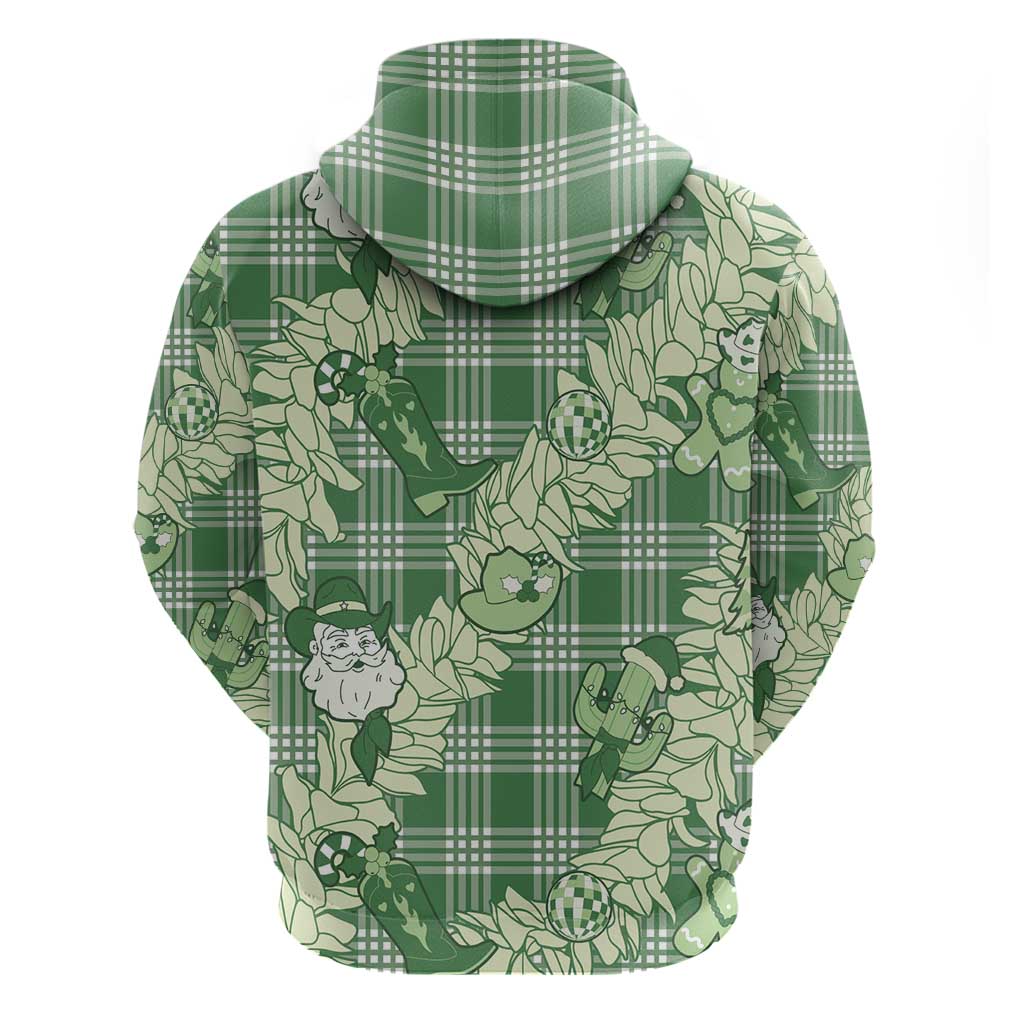 Green Palaka Hawaii Cowboy Christmas Zip Hoodie Paniolo Mix Maile Lei - Polynesian Pride