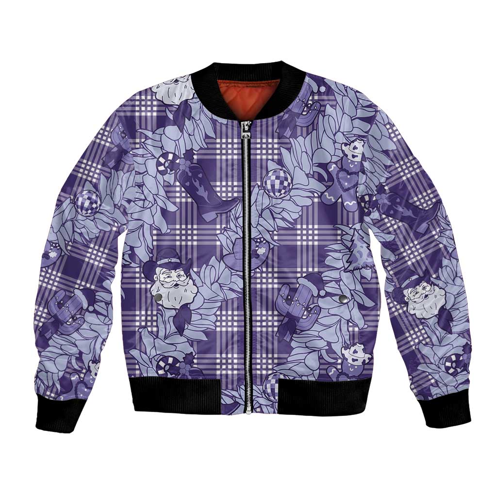 Purple Palaka Hawaii Cowboy Christmas Bomber Jacket Paniolo Mix Maile Lei - Polynesian Pride