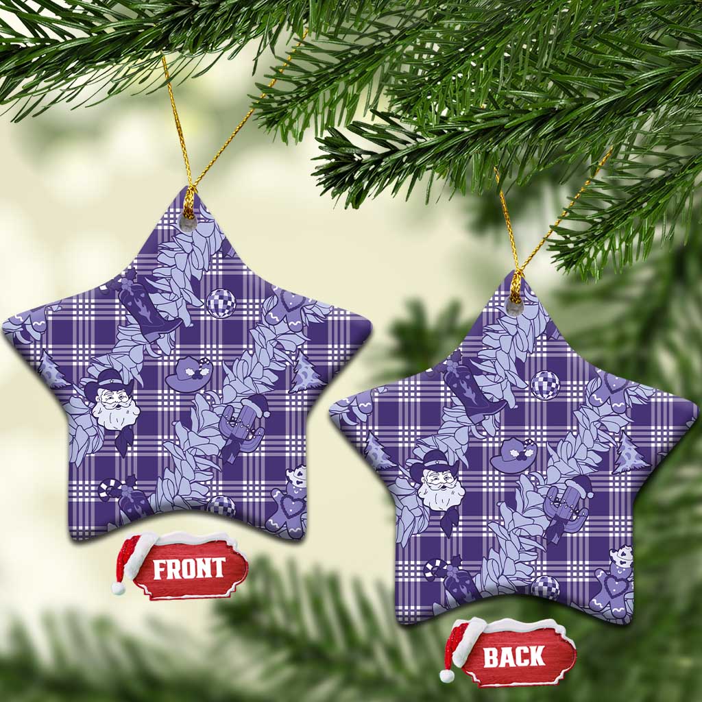 Purple Palaka Hawaii Cowboy Christmas Ceramic Ornament Paniolo Mix Maile Lei - Polynesian Pride