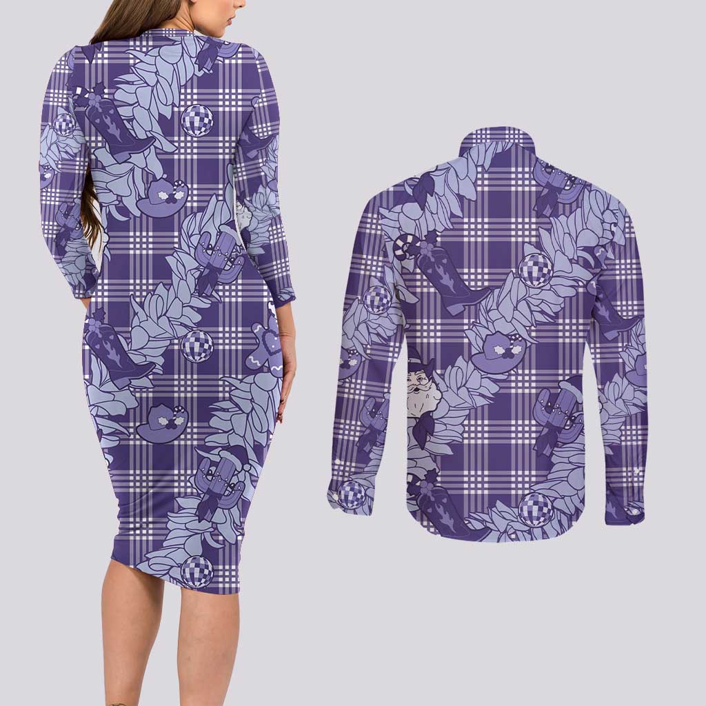 Purple Palaka Hawaii Cowboy Christmas Couples Matching Long Sleeve Bodycon Dress and Long Sleeve Button Shirt Paniolo Mix Maile Lei - Polynesian Pride